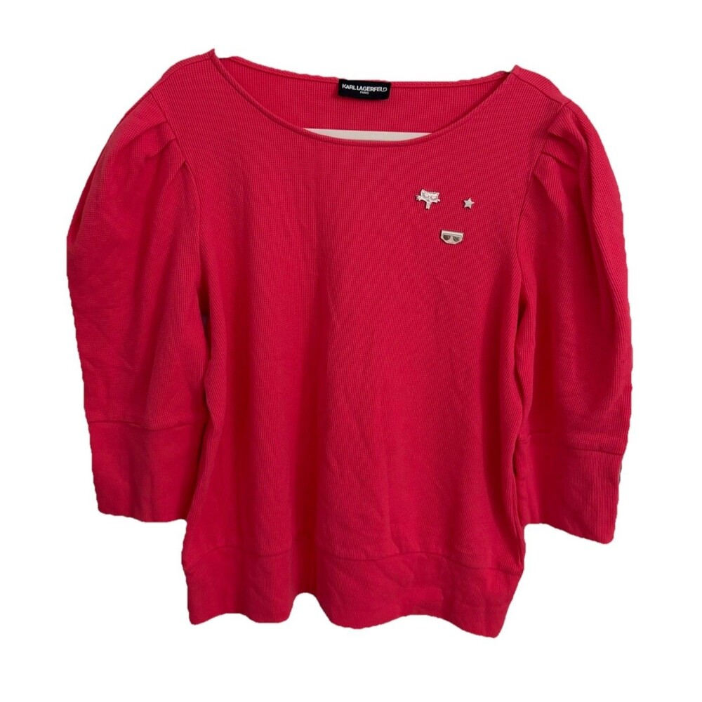 Karl Lagerfeld Paris Top L Pink Waffle Knit Puff Sleeve Embellished Choupette
